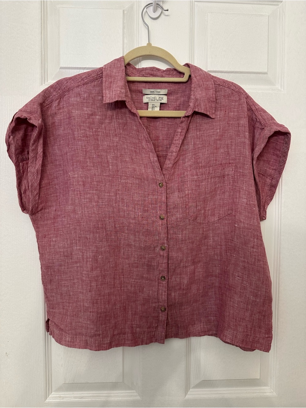 Rachel Zoe Short Sleeve Linen Button-Down Shirt in Rose